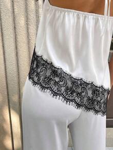 Camiseta de tirantes finos y sin mangas casual y sexy para mujer, camisola de satén con bajo asimétrico de malla, adecuada para citas nocturnas, vacaciones, despedidas de soltero y fiestas de cumpleaños en verano - Blanco - Ver 7