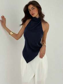 Blusa de mujer de unicolor con cuello halter, pliegues y bajo asimétrico - Azul marino - Ver 4