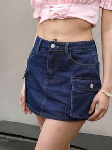 Falda vaquera de cargo de unicolor de verano para mujer - Azul lavado medio - Ver 10