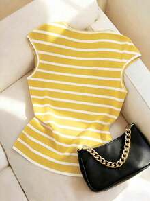 Camiseta de punto de rayas ajustada, estilo minimalista francés, top casual de manga corta, ideal para fiestas, primavera/verano - Amarillo - Ver 2