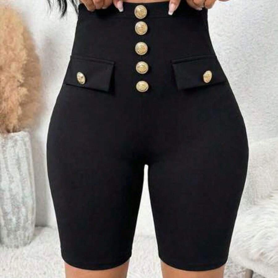 Lady Women's High Waist Button Casual Versatile Daily Wear Shorts - Negro - Ver 1