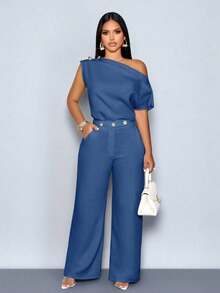 Blusa elegante de un solo hombro con botones metálicos, sin mangas, de unicolor, para uso en la oficina, citas, eventos y uso diario modesto - Azul - Ver 1