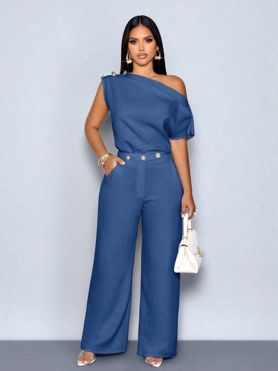 Blusa elegante de un solo hombro con botones metálicos, sin mangas, de unicolor, para uso en la oficina, citas, eventos y uso diario modesto - Azul - Ver 1