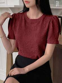 Blusa de mujer de manga corta y cuello redondo, camiseta de verano - Burdeos - Ver 5
