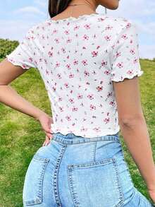 Camiseta con estampado floral con botón delantero - Rojo - Ver 2