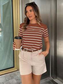 PariChic Camiseta casual de mujer a rayas, camisetas gráficas versátiles para mujer - Marrón - Ver 8