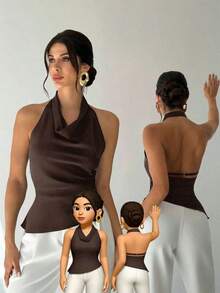 Camisa elegante de oficina para mujer, blusa asimétrica sin mangas con cuello halter y espalda descubierta, con botones decorativos ajustables, ajustada, negra, para oficina.Camisa de oficina para mujer, ropa de primavera/verano, elegante, sexy - Café integral - Ver 9