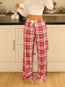 Pantalones de pijama holgados con lazo y estampado de cuadros para mujer, otoño e invierno - Multicolor 3 - Ver 3
