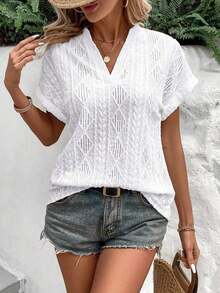 Camiseta suelta de mujer de manga de murciélago con escote en pico, de tela texturizada de unicolor, para verano y vacaciones - Blanco 2 - Ver 6