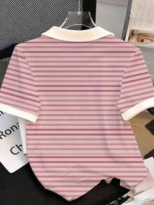 Camiseta de manga corta con cuello de polo a rayas casual de verano para mujer - Multicolor 6 - Ver 2