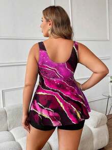 Swim Lushoire Vestido de baño con estampado de mármol para playa de talla grande y pantalones cortos de baño sólidos - Rosa Fucsia - Ver 2