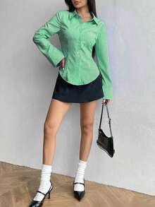 Camisa de manga larga casual a rayas que ciñe la cintura, apta para primavera/verano/otoño, tops de manga larga - Verde - Ver 3