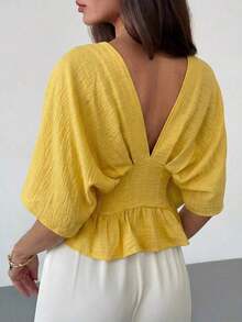 Blusa de manga de murciélago de unicolor elegante para mujer, de verano - Amarillo claro - Ver 2