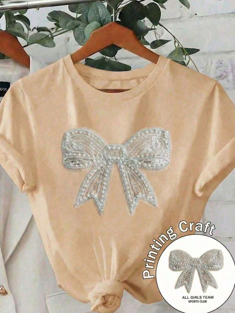 Women's Casual Polyester Round Neck Short Sleeve-Shirt with Sequin Embellishment, Chic Regular Fit Top blusas para mujer playeras de mujer blusas casuales para dama