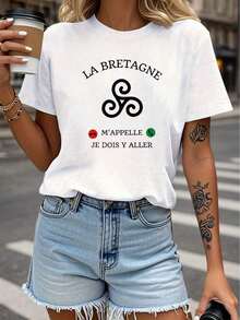 Camiseta de Mujer con Cuello Redondo para Primavera/Verano, con Estampado de Letras y Elemento Divertido del Ícono Telefónico de la Región de Bretaña, Francia, LA BRETAGNE - Blanco - Ver 6
