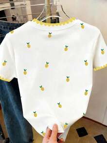 Camiseta casual de mujer con estampado de limón, camiseta gráfica con patrón de limón bordado falso de cuello redondo y estampado digital todo sobre - Multicolor 3 - Ver 2