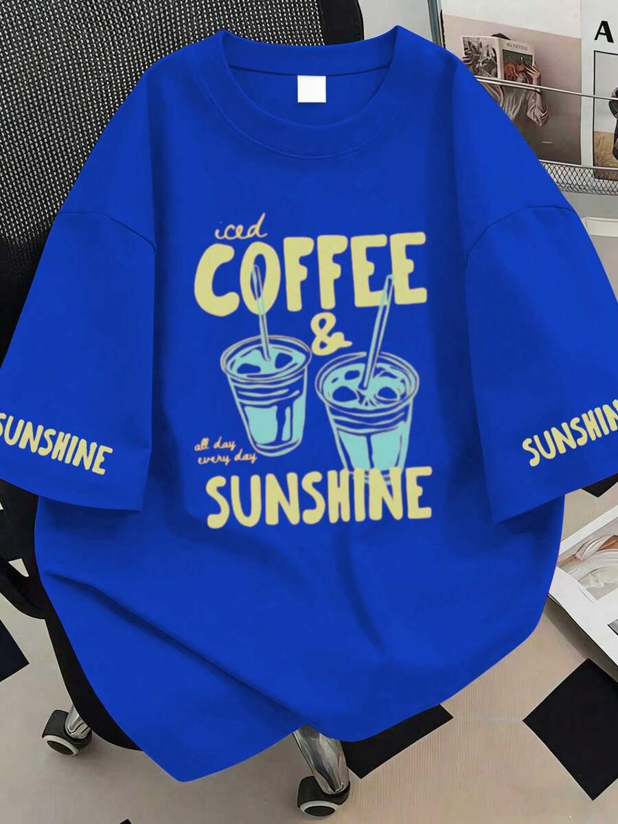 優雅舒適時尚休閒大尺碼 T-shirt「Iced Coffee & Sunshine」橘色杯子印花 T-shirt,寬鬆版型,夏季上衣,春季氛圍,多巴胺配色,四季舒適彈性面料,運動多功能休閒上衣,萬聖節、聖誕節、新年,適合日常穿著、外出上衣、野餐、度假、海灘、派對、生日、海灘、聚會、音樂節、度假、通勤、健身、婚禮、新年、夏季 - 藍色 - 查看 1