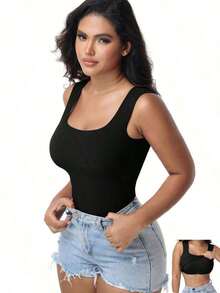 Women's Built-In Bra Tank Top Ribbed Slim Fit Wire Shelf Padded Tank Shirts Wide-Strap Square Neck Undershirt - Black - View 3