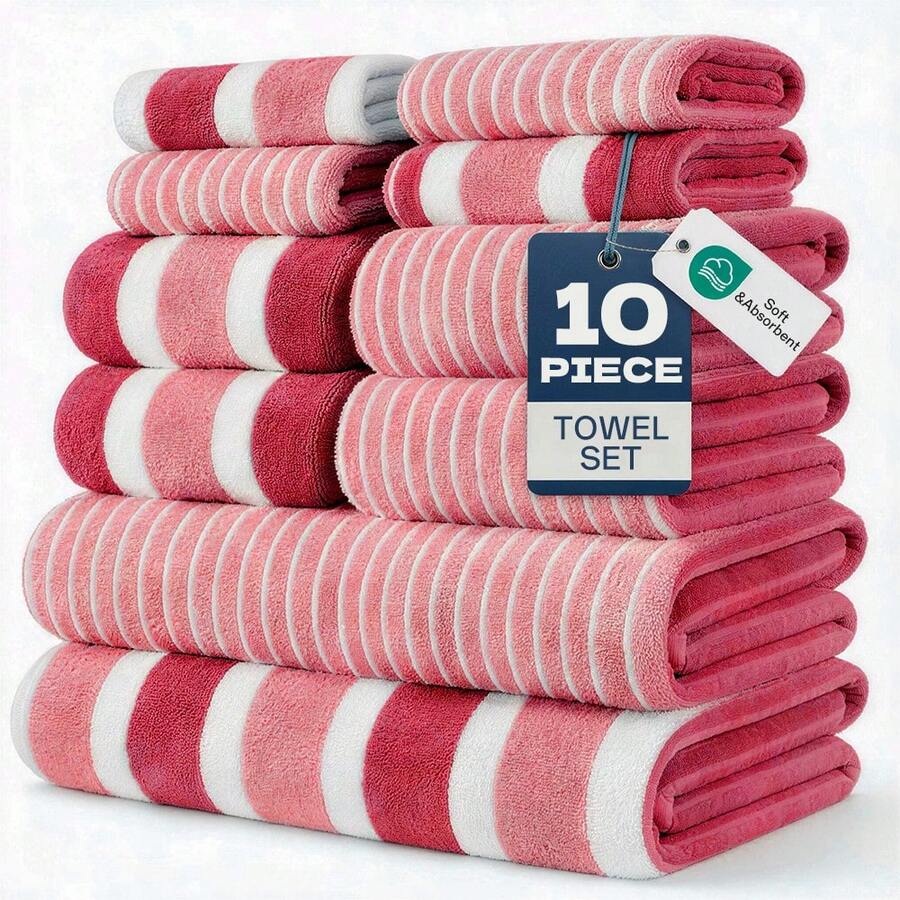 10pcs Soft & Absorbent Towel Set | Quick-Dry Towels For Bathroom, Sports & Beach | Includes 2 Bath Towels, 4 Hand Towels,4 Washcloths| Lightweight & Skin-Friendly Essentials - Đỏ - Xem 1