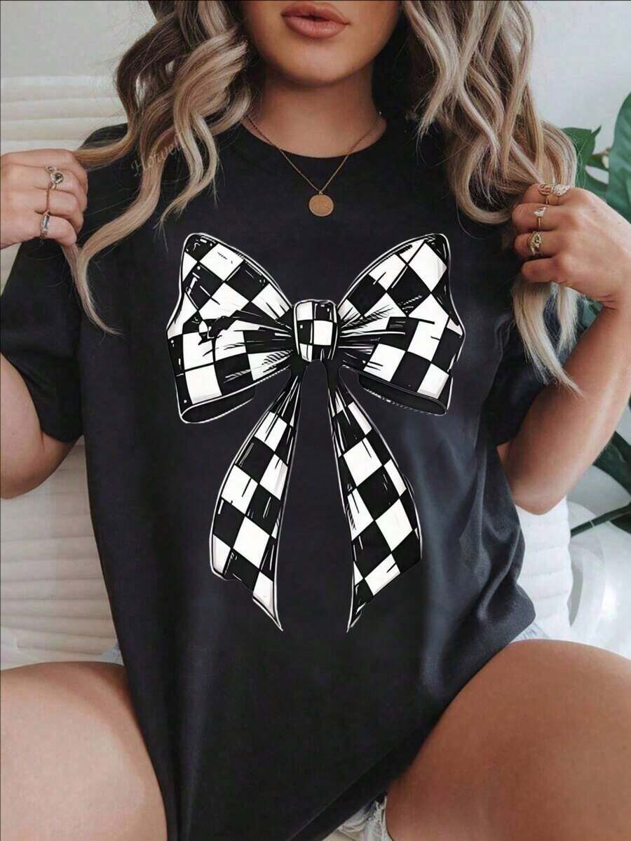 Women's Vintage Style Short Sleeve Casual T-Shirt - Summer Blouse With Round Neck And Black And White Check Pattern, Machine Washable, Ladies' T-Shirts, Casual Wear, Modern Style, Comfortable Fit
BlackFashion - 黑色 - 查看 1