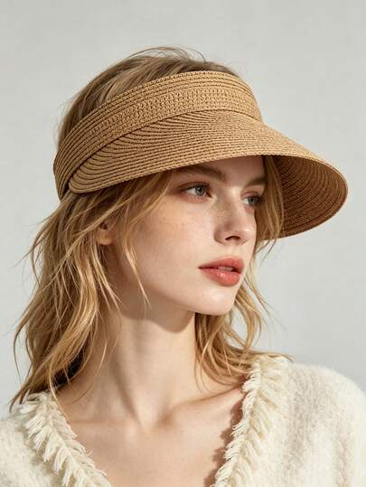 1pc Khaki Foldable Hollow Top Straw Hat, Portable Outdoor Sun Protection Wide Brim Hat, Fashion Versatile Solid Color Casual Bohemian Retro Street Style Elegant Windproof UV Protection, Spring/Summer