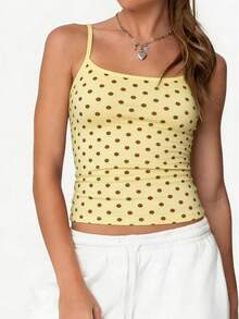 Women Polka Dot Print Square Neck Cami Tank Top - Yellow - View 1