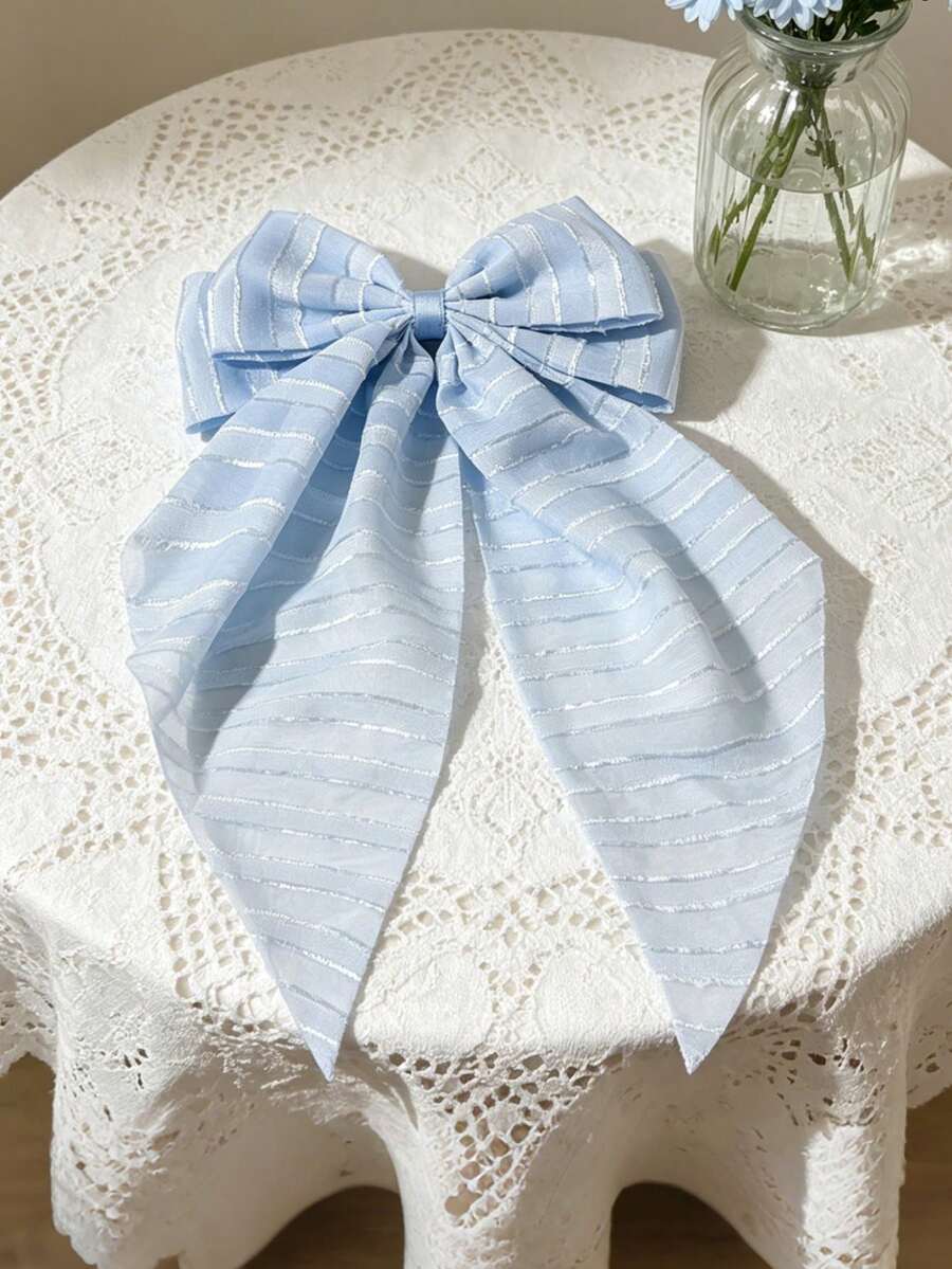 1pc Korean Retro Striped Ruffle Bow Claw Clip Hair Accessory, Bohemian Cute Street Elegant Polyester Fiber Daily, Commute, Versatile,Snap Clip,Bobby Pin - Light Blue - View 1