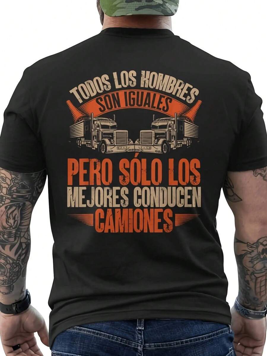 New Trucker T-Shirt With Spanish Trucker Graphic On The Back - Semi-Trailer Truck Graphic Work Shirt, Short Sleeve Casual T-Shirt, Suitable For CDL Licensed Drivers And Truckers - 黑色 - 查看 1