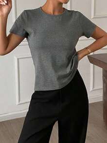 Camiseta básica de mujer de cuello redondo de unicolor de manga corta, blanca, para primavera/verano, de estilo casual de oficina - Gris Oscuro - Ver 4