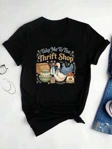 Camiseta Divertida de Talla Grande para Mujer con Estampado de Ganso 'Llévame a la Tienda de Segunda Mano', Cuello Redondo Casual, Manga Corta, para Uso Diario en Primavera, Verano y Otoño, Transpirable y Cómoda, Regalo para Amantes de las Compras de Segunda Mano, Lavable a Máquina, para Mujeres - Negro - Ver 2