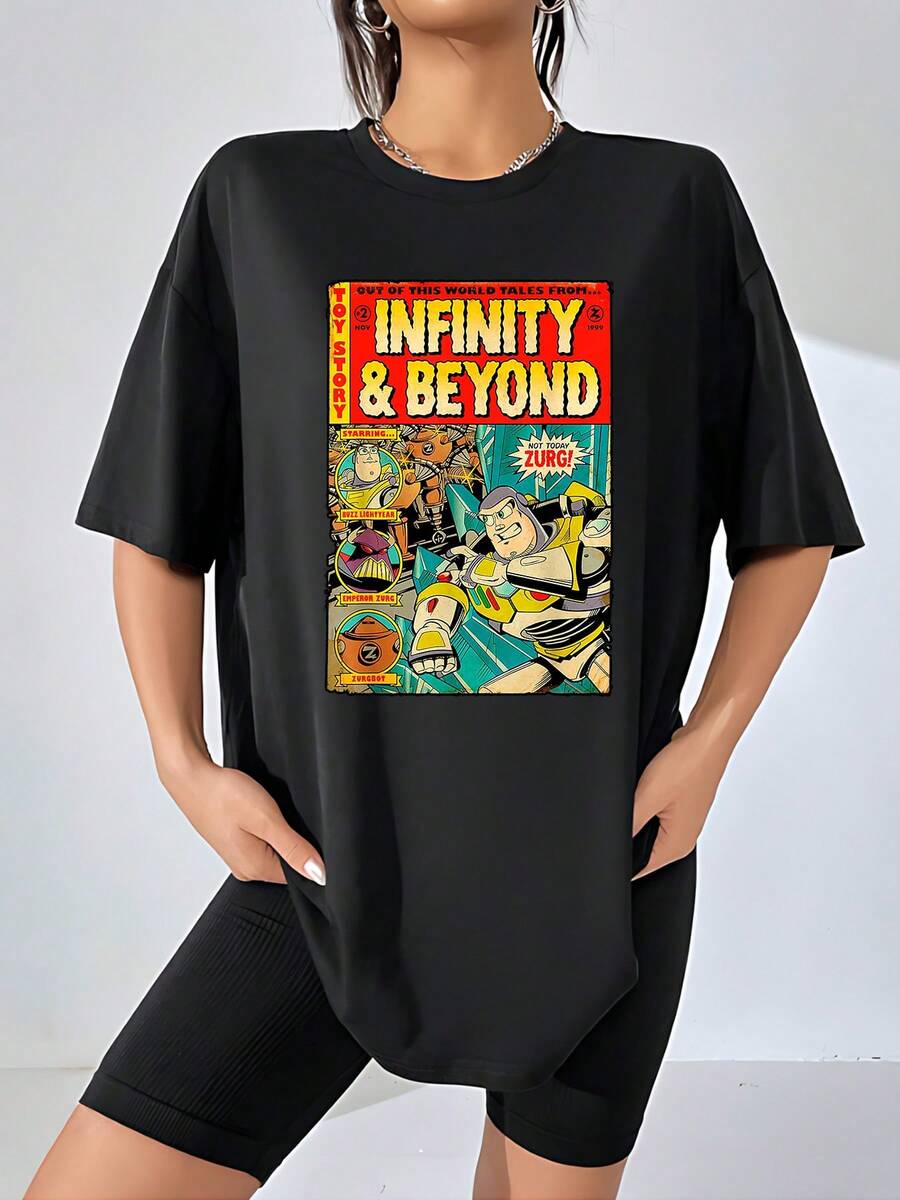 Gráfico colorido inspirado en aventuras espaciales muestra valentía y energía heroica con toque retro de cómic para expresar espíritu positivo y fuerza interior camiseta de mujer cómoda y casual para uso diario - Negro - Ver 1