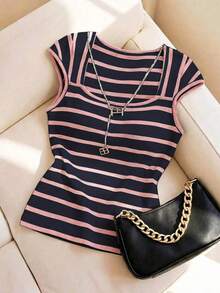 Camiseta de punto de rayas ajustada, estilo minimalista francés, top casual de manga corta, ideal para fiestas, primavera/verano - Azul - Ver 1