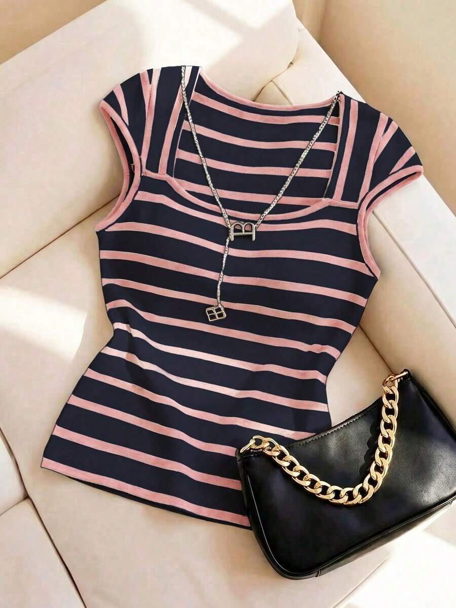 Camiseta de punto de rayas ajustada, estilo minimalista francés, top casual de manga corta, ideal para fiestas, primavera/verano - Azul - Ver 1