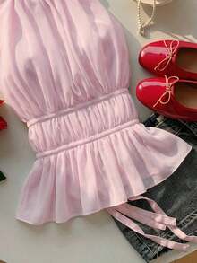 Top sin mangas con cuello de halter plisado, cintura ajustada y espalda abierta - Rosa - Ver 5