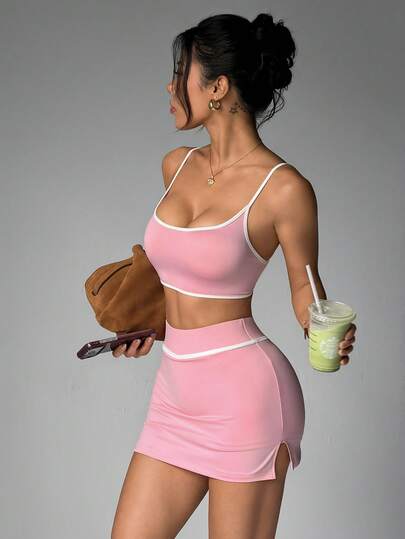Conjunto de camiseta de tirantes rosa + pantalones cortos para mujer - Conjunto activo de cintura alta, suelto y cómodo, ropa deportiva suave y amigable con la piel para deportes, fitness y uso diario