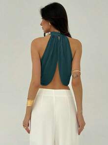 Blusa elegante y sexy para mujer con cuello cruzado, fruncido en la espalda y botones, de estilo casual y de vacaciones, de gasa - Verde Oscuro - Ver 2