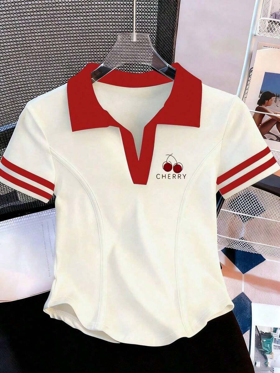 Camiseta de mujer casual de manga corta con cuello polo, estampado de caballero a rayas y contraste de color - Multicolor - Ver 1