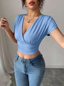 Camiseta casual de mujer con cuello en V y cruce en la cintura - Azul - Ver 5