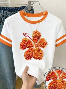 Camiseta de mujer de manga corta con cuello redondo, bloque de color, bordado de corazón a rayas y versátil - Multicolor 5 - Ver 1