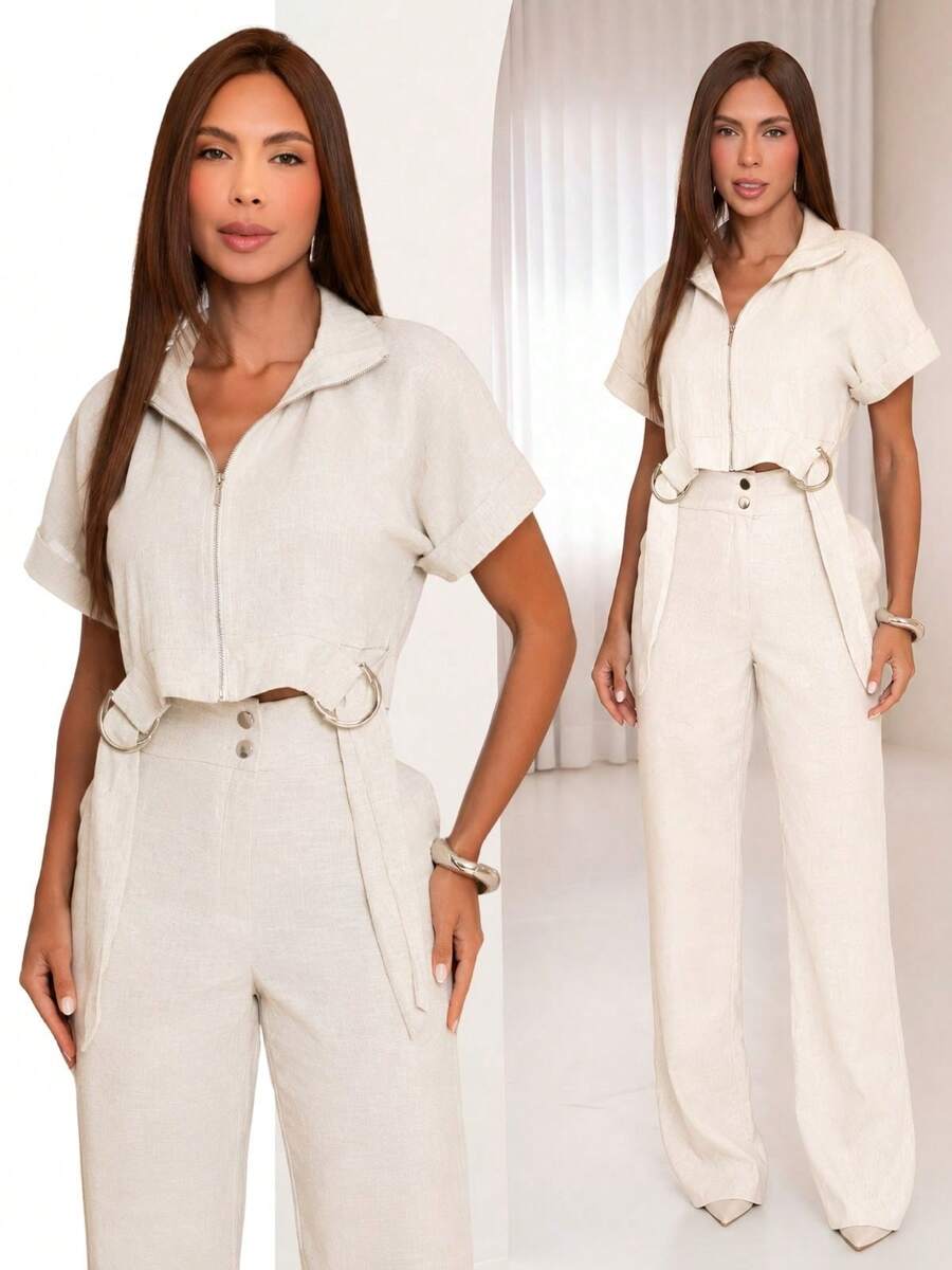 Women's Long Tailored Linen Set - Cropped Blouse And Pants - LINO BLANCO ROTO - Ver 1