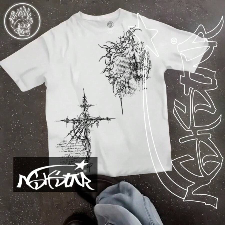 Premium 100% Cotton T-Shirt ASHSTAR "GOTHIC CROSS SKULL" - 白色 - 查看 1