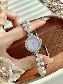 1pc Teen Girl Pearl & Rhinestone Decor Quartz Watch, No Gift Box, 1pc, Adjustable Bracelet Band, Perfect For Back To School, Summer Vacation And Daily Wear - Multicolor - View 6