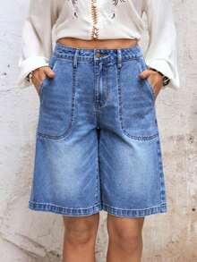 Shorts vaqueros holgados y casuales para mujer con bolsillos - Azul - Ver 4