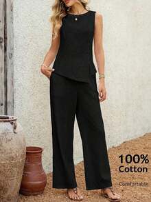 2 piezas Conjunto casual de uso diario con top y pantalones con diseño de abertura de jacquard para mujer - Negro - Ver 1