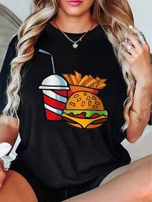 Camiseta Casual Vintage de Cuello Redondo para Mujer, Elástica, Estampado Geométrico de Comida Rápida, Tejido de Punto, Manga Corta para Todas las Temporadas - Negro - Ver 1