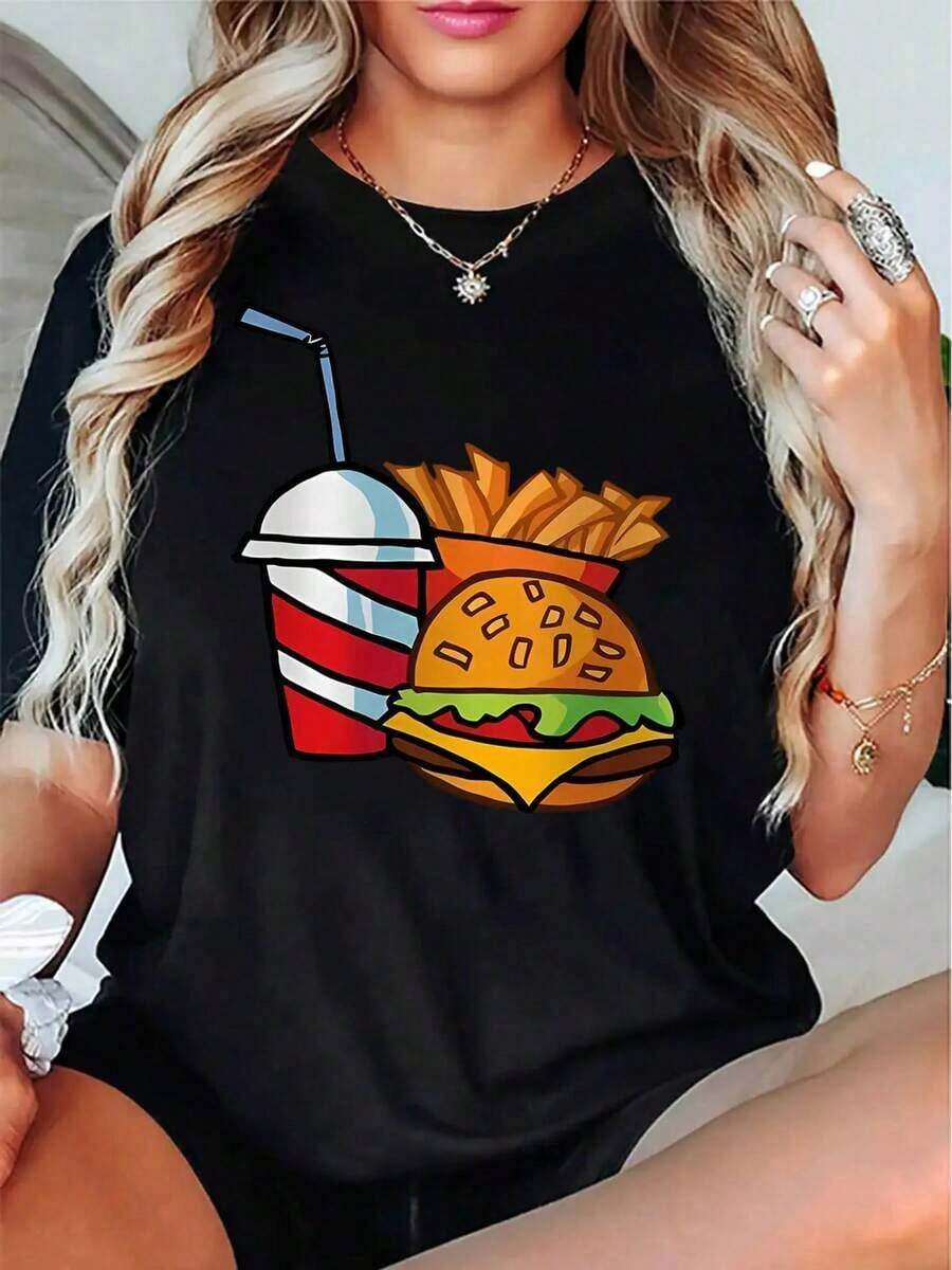 Camiseta Casual Vintage de Cuello Redondo para Mujer, Elástica, Estampado Geométrico de Comida Rápida, Tejido de Punto, Manga Corta para Todas las Temporadas - Negro - Ver 1