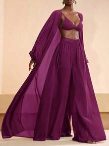 Conjunto de kimono y pantalones palazzo elegantes y casuales para la playa, 2026 - Morado - Ver 7