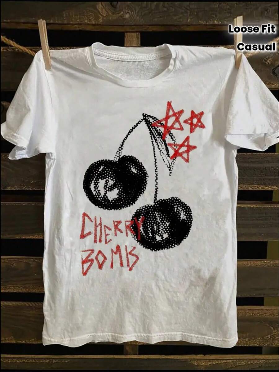 Camiseta de mujer con estampado de la banda de punk rock Cherry Bomb and Stars - 100% algodón, corte holgado, blanca, de manga corta y cuello redondo, con letras icónicas, adecuada para conciertos, fiestas y uso casual (estilo femenino) blusas para dama - Blanco - Ver 1