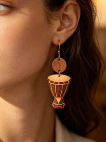 1 Pair Retro African Drum Shaped Wooden Earrings, Original Print Earrings - Multicolor - View 4