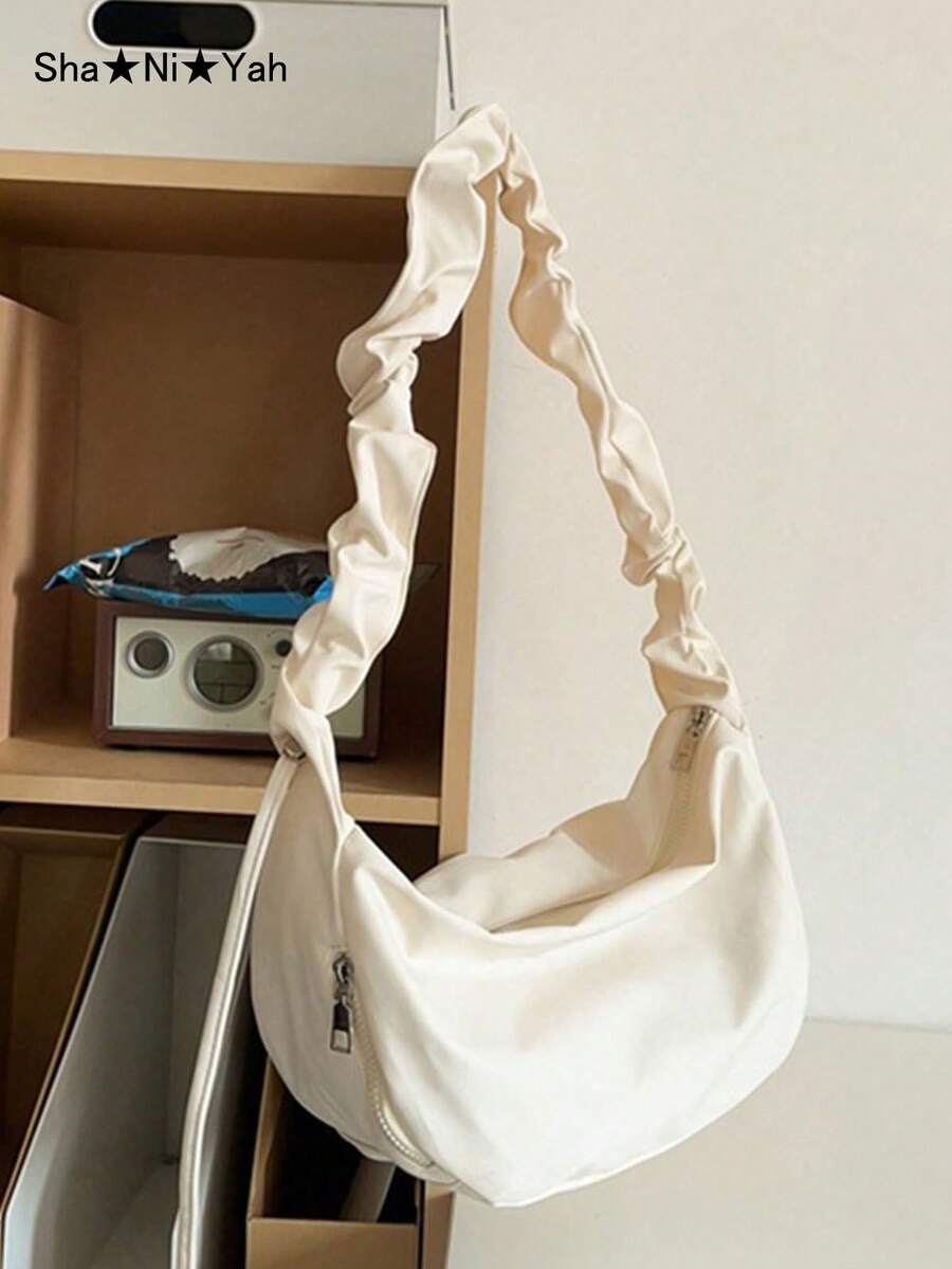 Fashionable Versatile Girl's Commuting Style High-Quality Soft Leather Large Capacity Adjustable Strap Pleated Cloud Shoulder Bag, Suitable For Spring/Summer, French Underarm/Crossbody Bag For Outing, School, Party, Gift